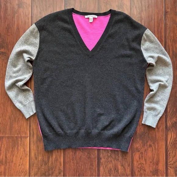 Autumn Cashmere 100% Cashmere Colorblock Sweater L Pink Grey Fuzzy Soft Luxury - Picture 3 of 16